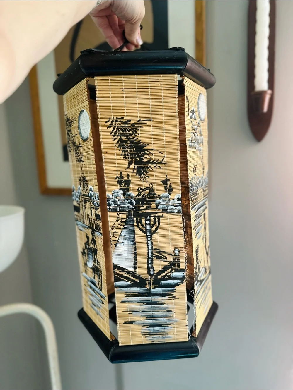 Vintage Bamboo Panel Hanging Lantern